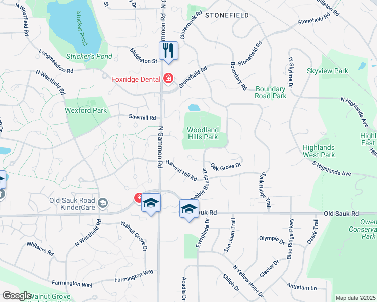 map of restaurants, bars, coffee shops, grocery stores, and more near 17 Pinehurst Circle in Madison