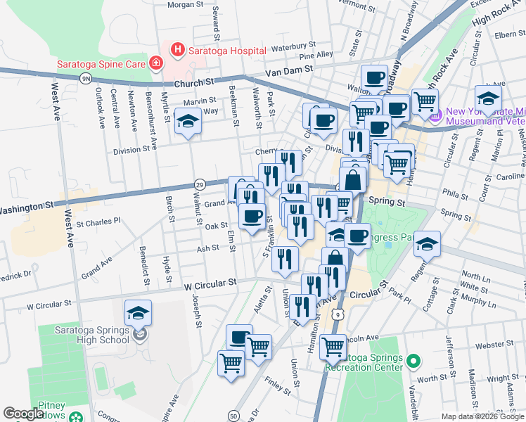 map of restaurants, bars, coffee shops, grocery stores, and more near 68 Beekman Street in Saratoga Springs