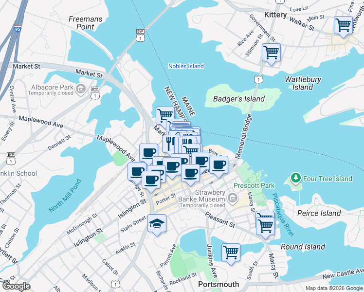 map of restaurants, bars, coffee shops, grocery stores, and more near 100 Market Street in Portsmouth
