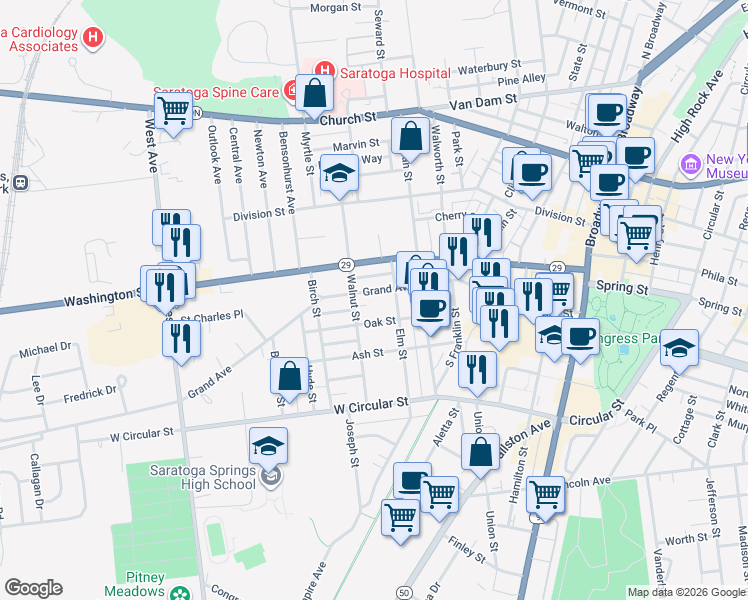 map of restaurants, bars, coffee shops, grocery stores, and more near 74 Walnut Street in Saratoga Springs