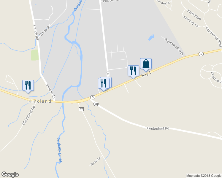 map of restaurants, bars, coffee shops, grocery stores, and more near 7771 Seneca Turnpike in Clinton