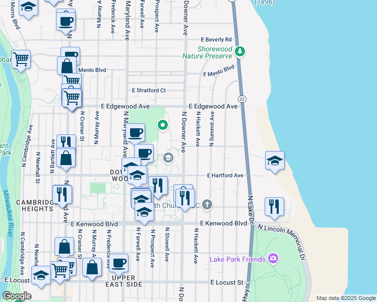 map of restaurants, bars, coffee shops, grocery stores, and more near 3340 North Downer Avenue in Milwaukee