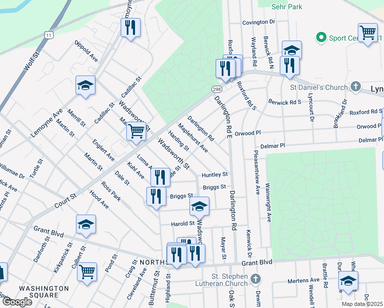 map of restaurants, bars, coffee shops, grocery stores, and more near 498 Hillside Street in Syracuse