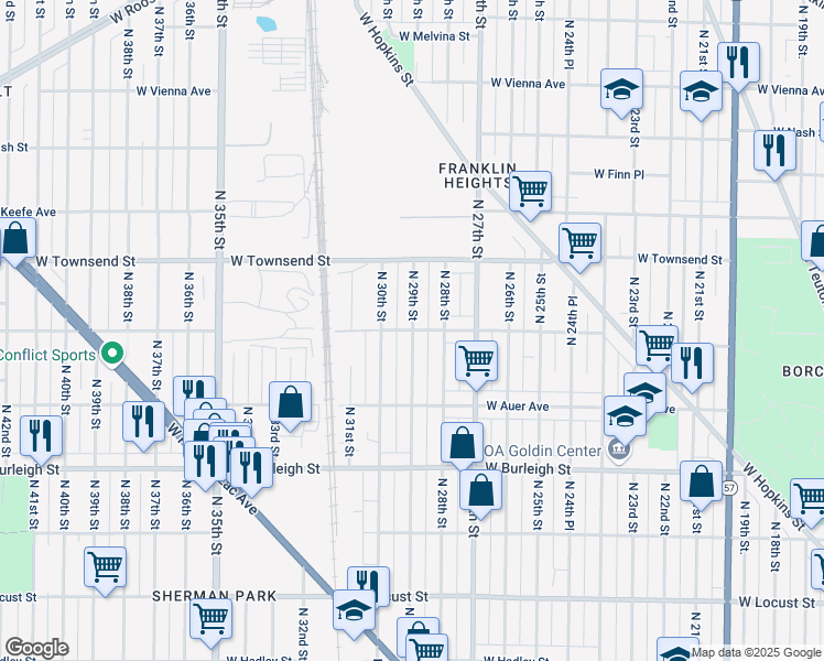 map of restaurants, bars, coffee shops, grocery stores, and more near North 29th Street in Milwaukee