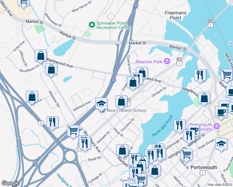 map of restaurants, bars, coffee shops, grocery stores, and more near 86 Emery Street in Portsmouth