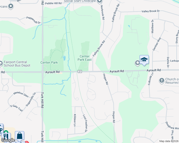 map of restaurants, bars, coffee shops, grocery stores, and more near Ayrault Rd & Willowick Dr in Fairport