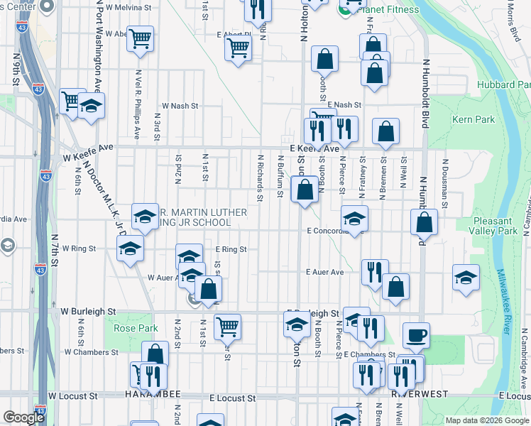 map of restaurants, bars, coffee shops, grocery stores, and more near 3332 North Richards Street in Milwaukee