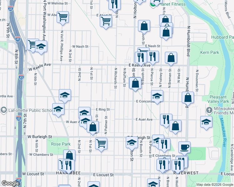 map of restaurants, bars, coffee shops, grocery stores, and more near 3332 North Richards Street in Milwaukee