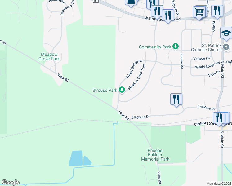 map of restaurants, bars, coffee shops, grocery stores, and more near 740 Weald Bridge Road in Cottage Grove
