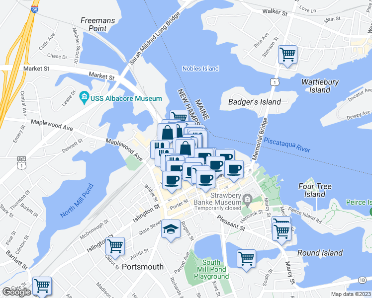 map of restaurants, bars, coffee shops, grocery stores, and more near 182 Market Street in Portsmouth