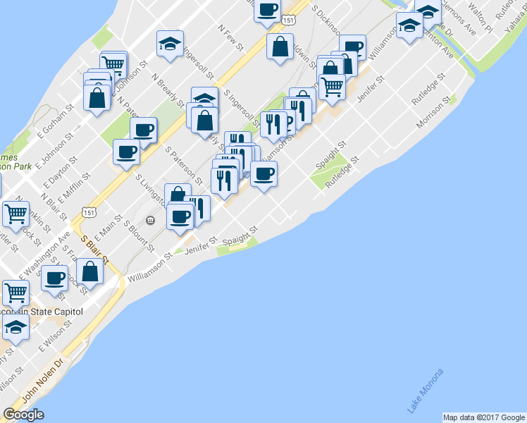 map of restaurants, bars, coffee shops, grocery stores, and more near 938 Spaight Street in Madison