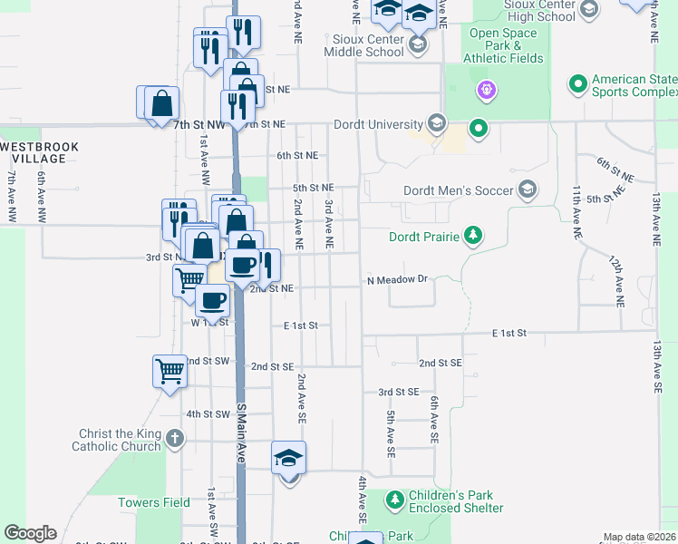 map of restaurants, bars, coffee shops, grocery stores, and more near 148 3rd Avenue Northeast in Sioux Center