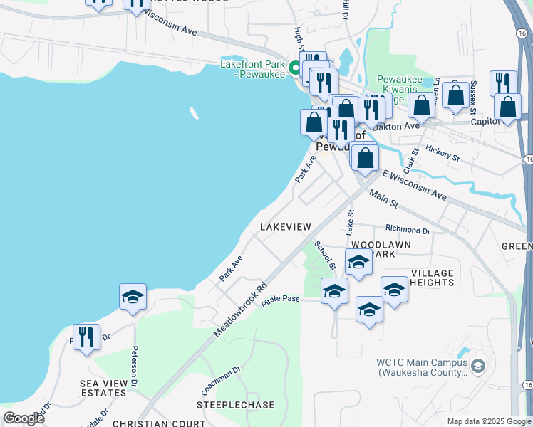 map of restaurants, bars, coffee shops, grocery stores, and more near 357-359 Park Avenue in Pewaukee