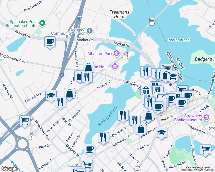 map of restaurants, bars, coffee shops, grocery stores, and more near 102 Dennett Street in Portsmouth