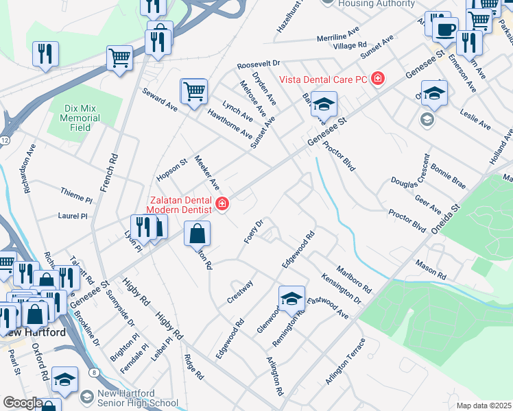 map of restaurants, bars, coffee shops, grocery stores, and more near 10 Foery Drive in Utica