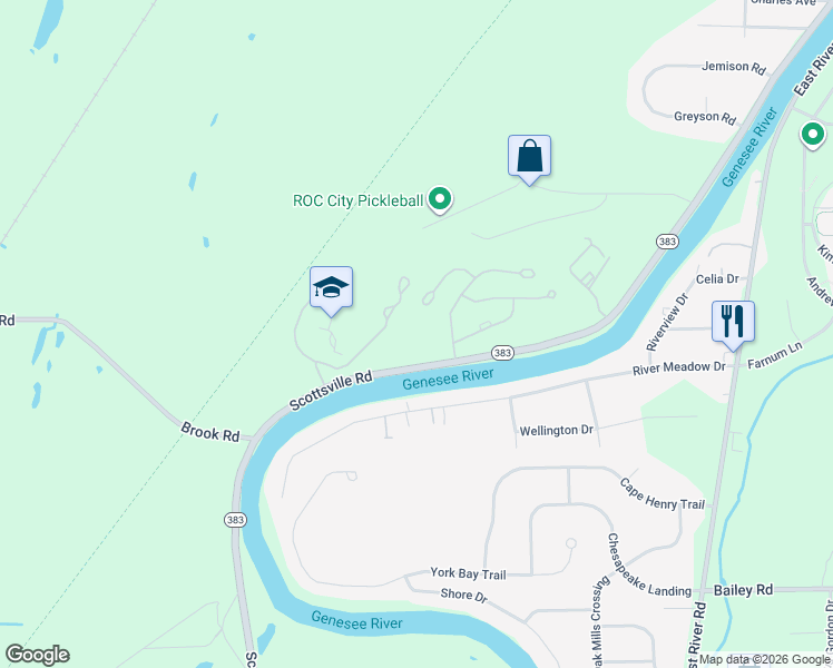 map of restaurants, bars, coffee shops, grocery stores, and more near 2021 Scottsville Road in Rochester