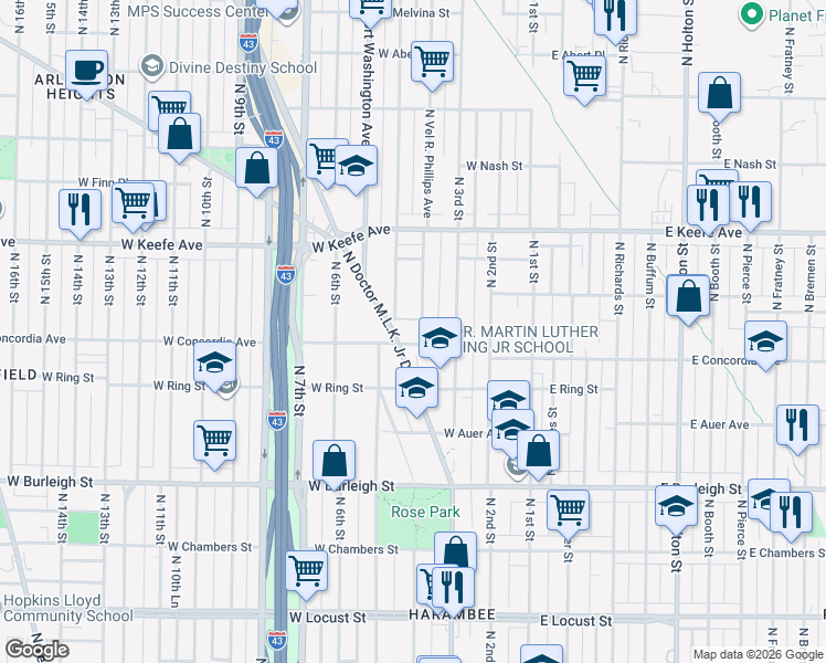 map of restaurants, bars, coffee shops, grocery stores, and more near 3298 North Doctor Martin Luther King Junior Drive in Milwaukee