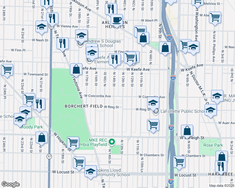 map of restaurants, bars, coffee shops, grocery stores, and more near 3274 North 14th Street in Milwaukee