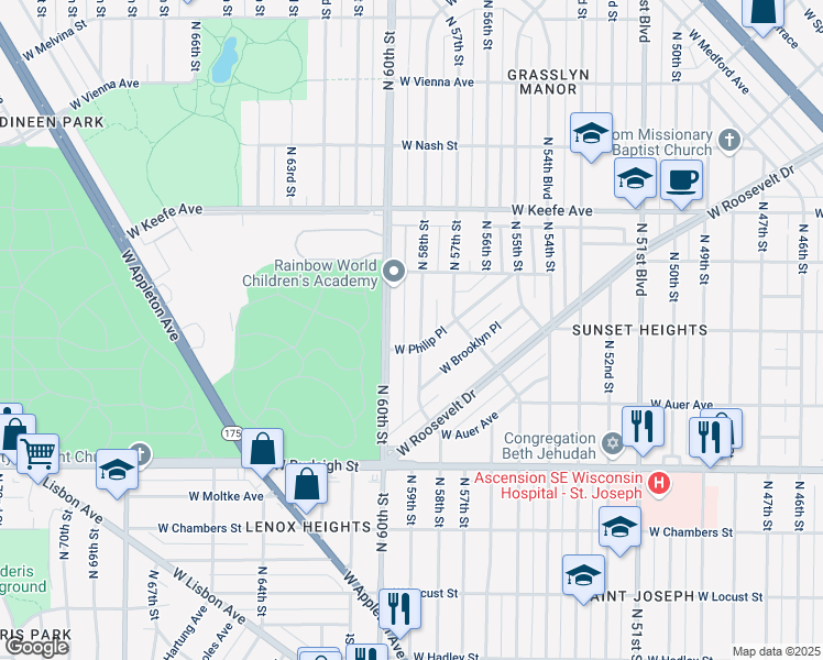 map of restaurants, bars, coffee shops, grocery stores, and more near 5757 West Philip Place in Milwaukee