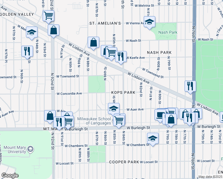 map of restaurants, bars, coffee shops, grocery stores, and more near 3266 North 85th Street in Milwaukee