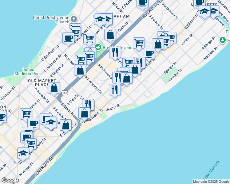 map of restaurants, bars, coffee shops, grocery stores, and more near 821 Williamson Street in Madison