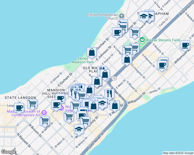 map of restaurants, bars, coffee shops, grocery stores, and more near 20 North Franklin Street in Madison