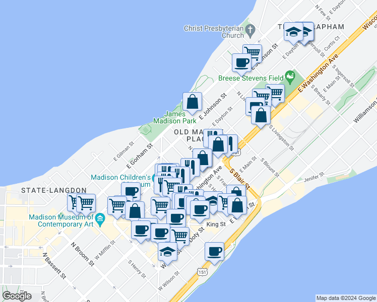 map of restaurants, bars, coffee shops, grocery stores, and more near 112 North Hancock Street in Madison
