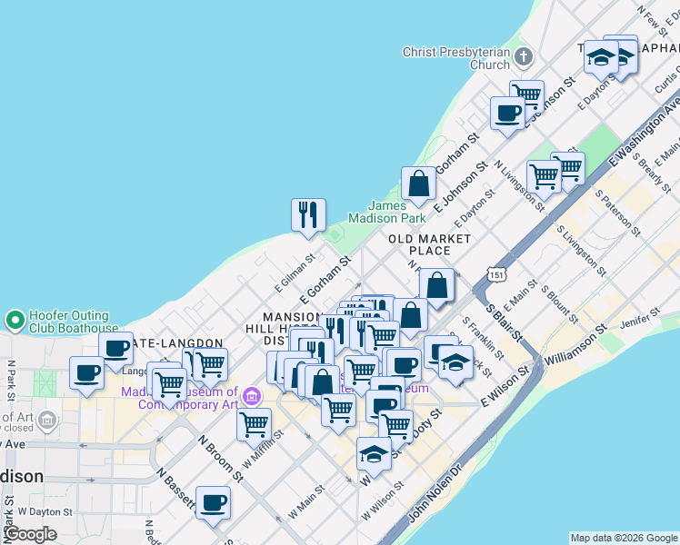 map of restaurants, bars, coffee shops, grocery stores, and more near 134 East Johnson Street in Madison