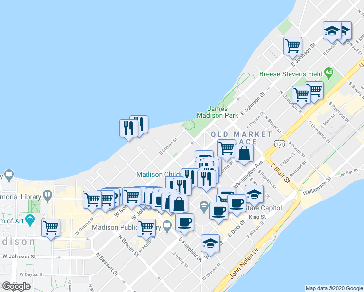 map of restaurants, bars, coffee shops, grocery stores, and more near in Madison