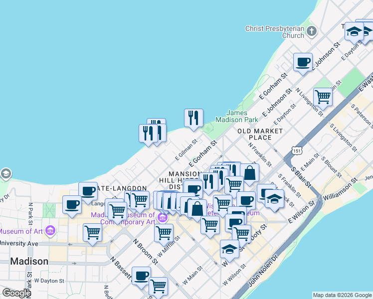 map of restaurants, bars, coffee shops, grocery stores, and more near in Madison