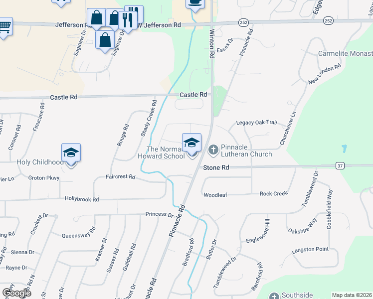 map of restaurants, bars, coffee shops, grocery stores, and more near 210 Lysander Drive in Rochester