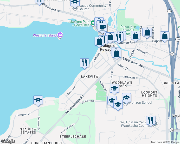 map of restaurants, bars, coffee shops, grocery stores, and more near 285 Cardinal Ridge Drive in Pewaukee