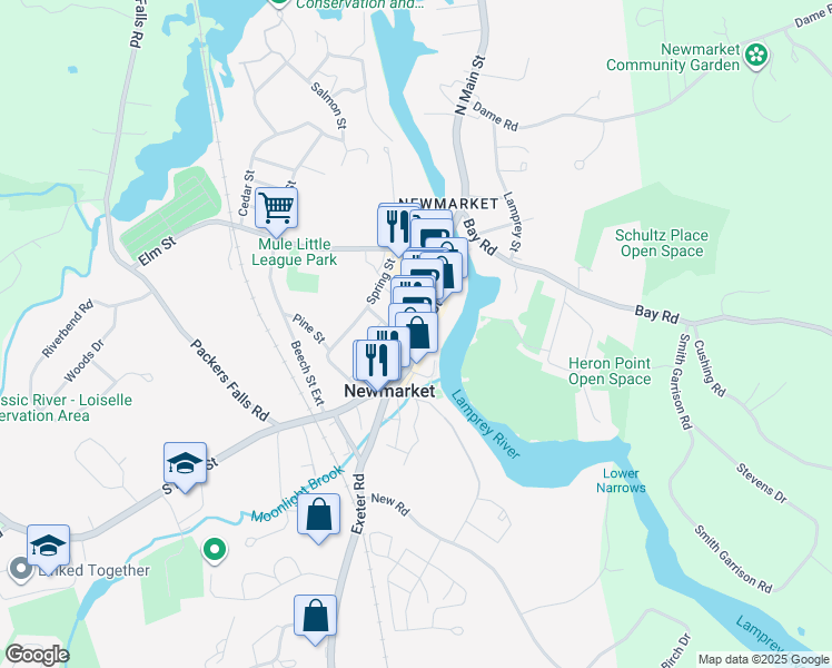 map of restaurants, bars, coffee shops, grocery stores, and more near 100 Main Street in Newmarket