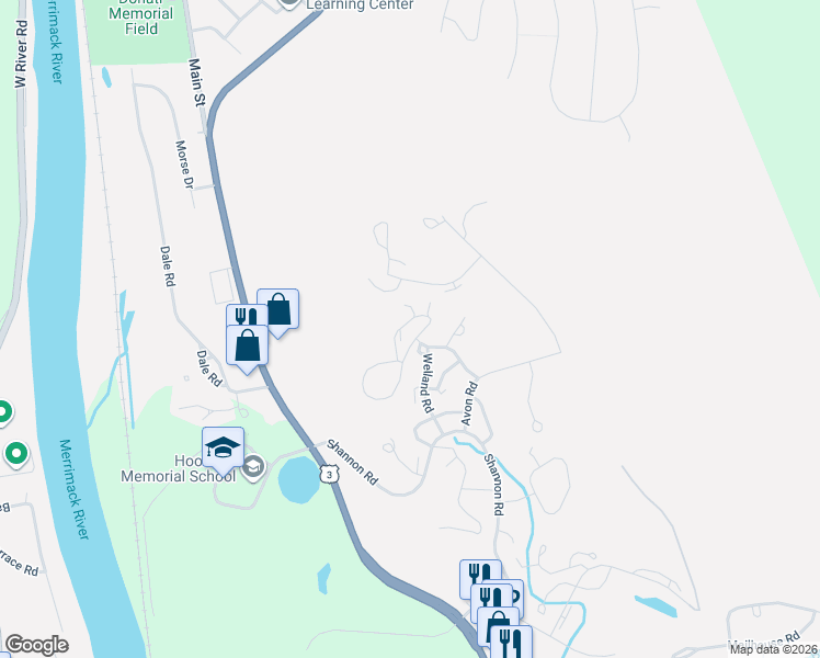 map of restaurants, bars, coffee shops, grocery stores, and more near Welland Road in Hooksett