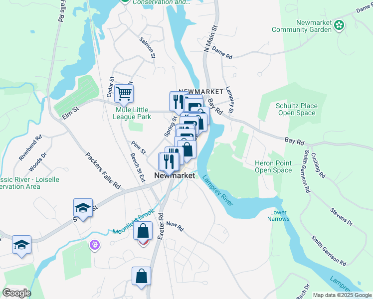 map of restaurants, bars, coffee shops, grocery stores, and more near 108 Main Street in Newmarket