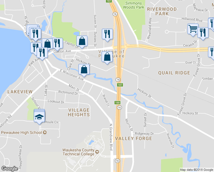 map of restaurants, bars, coffee shops, grocery stores, and more near 571 East Wisconsin Avenue in Pewaukee