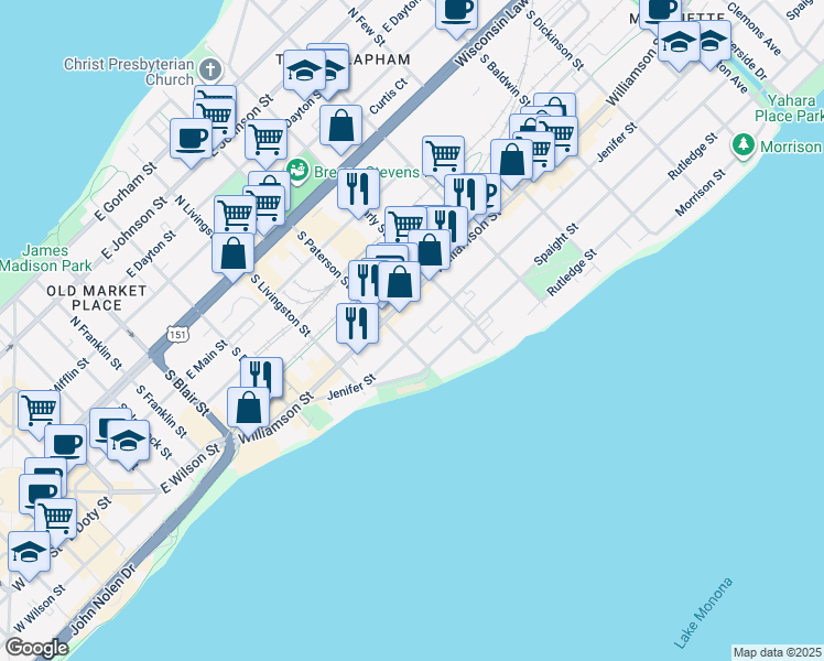map of restaurants, bars, coffee shops, grocery stores, and more near 906 Jenifer Street in Madison