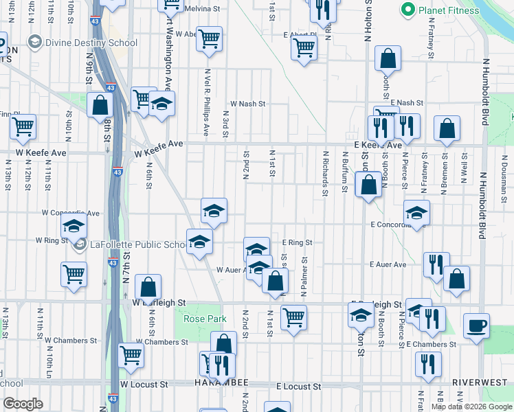 map of restaurants, bars, coffee shops, grocery stores, and more near in Milwaukee