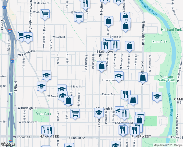 map of restaurants, bars, coffee shops, grocery stores, and more near 3335 North Buffum Street in Milwaukee