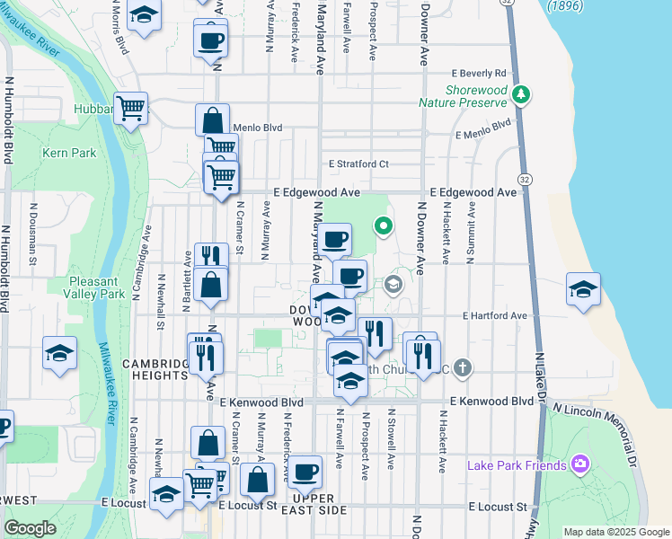 map of restaurants, bars, coffee shops, grocery stores, and more near 3400 North Maryland Avenue in Milwaukee