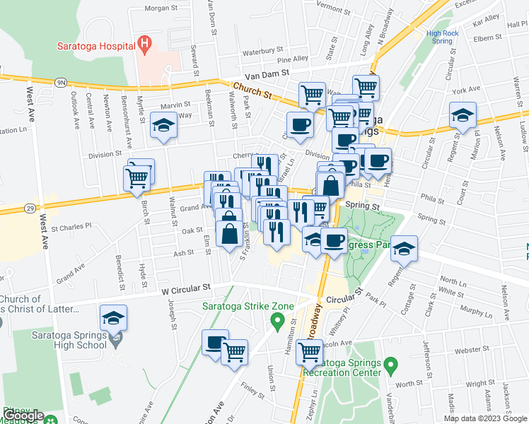 map of restaurants, bars, coffee shops, grocery stores, and more near 92 Congress Street in Saratoga Springs