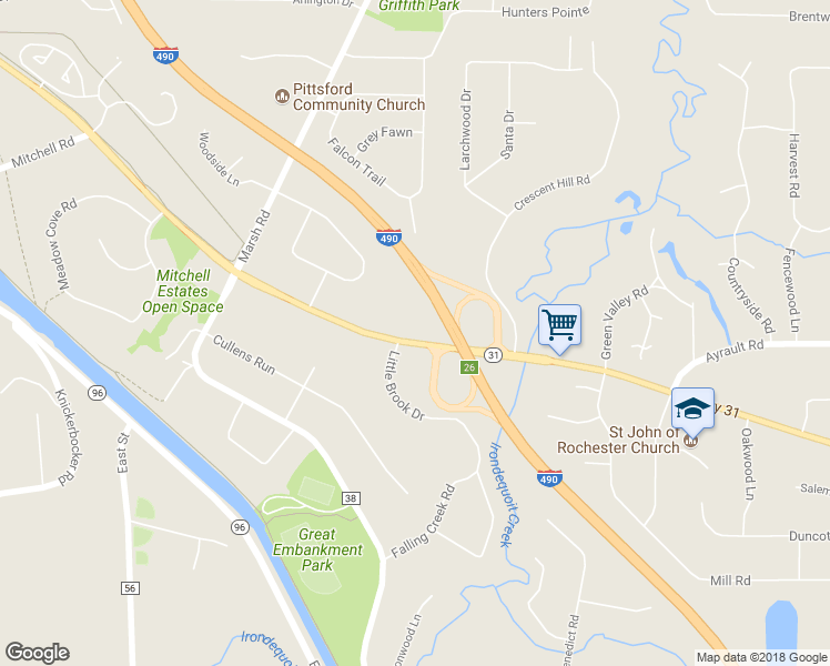 map of restaurants, bars, coffee shops, grocery stores, and more near 5688 Palmyra Road in Pittsford