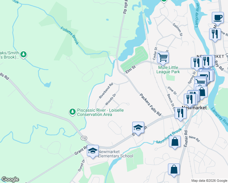 map of restaurants, bars, coffee shops, grocery stores, and more near 1 Riverbend Road in Newmarket