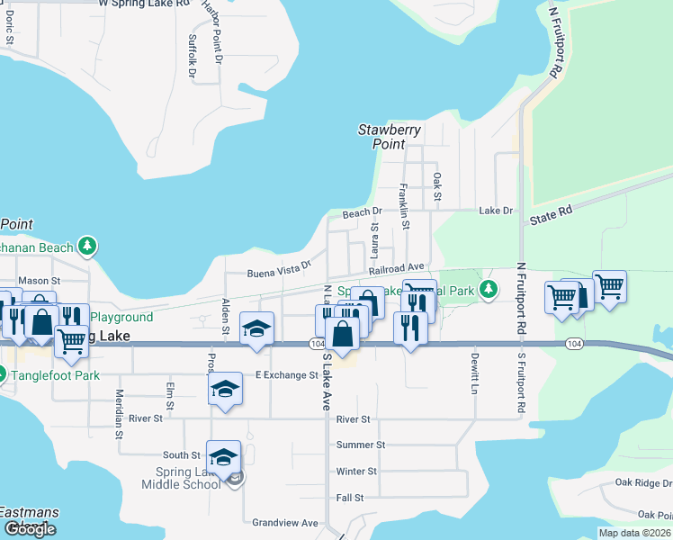 map of restaurants, bars, coffee shops, grocery stores, and more near 314 North Lake Avenue in Spring Lake