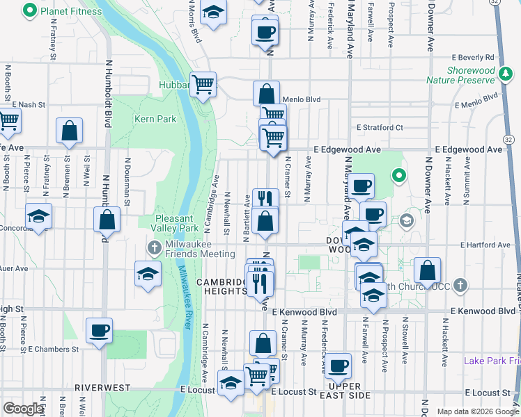map of restaurants, bars, coffee shops, grocery stores, and more near 3421 North Oakland Avenue in Milwaukee