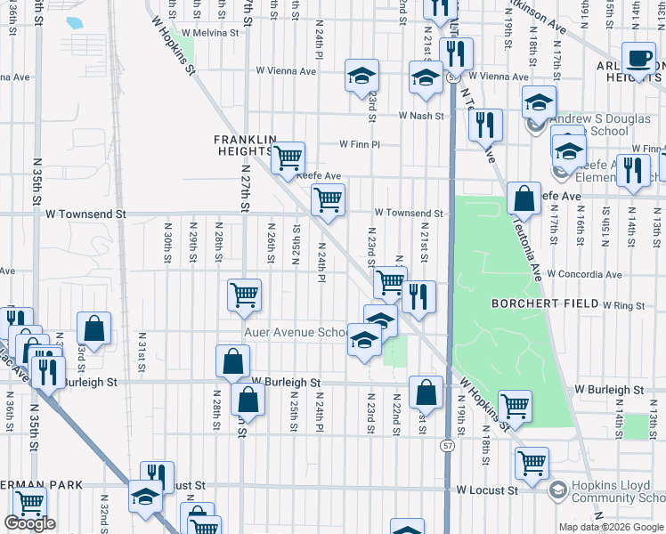 map of restaurants, bars, coffee shops, grocery stores, and more near 3339 North 24th Place in Milwaukee
