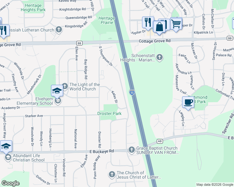 map of restaurants, bars, coffee shops, grocery stores, and more near 5 Bea Circle in Madison