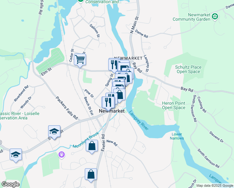 map of restaurants, bars, coffee shops, grocery stores, and more near 6 Central Street in Newmarket