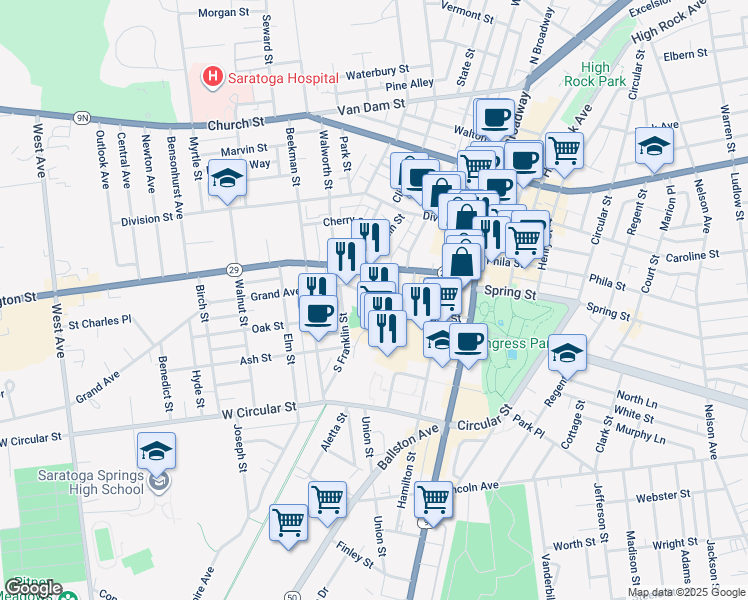 map of restaurants, bars, coffee shops, grocery stores, and more near 68 Washington Street in Saratoga Springs