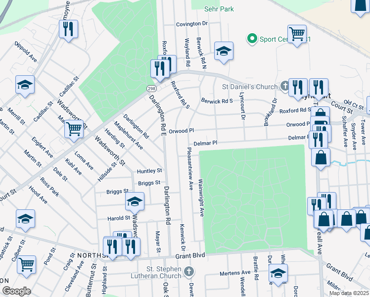 map of restaurants, bars, coffee shops, grocery stores, and more near 414 Kenwick Drive in Syracuse